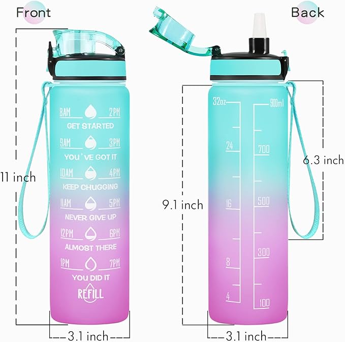 Enerbone Water Bottle, Leakproof BPA & Toxic Free, Motivational Water Bottle with Times to Drink and Straw, Fitness Sports Water Bottle with Strap for Office, Gym, Outdoor Sports-PurrikoPets