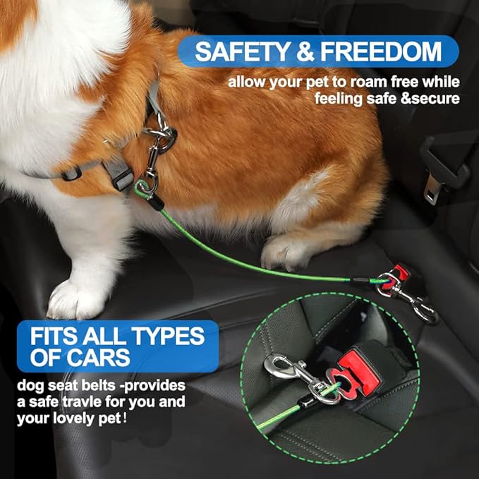 Dog Seat Belt Harness for Car,Dog Seatbelt of Coated Wire Leash Safety Restraint,No Chew Tether Cable Vehicle,Double Clips & Latch(Green, 16 inch/40 CM)-PurrikoPets