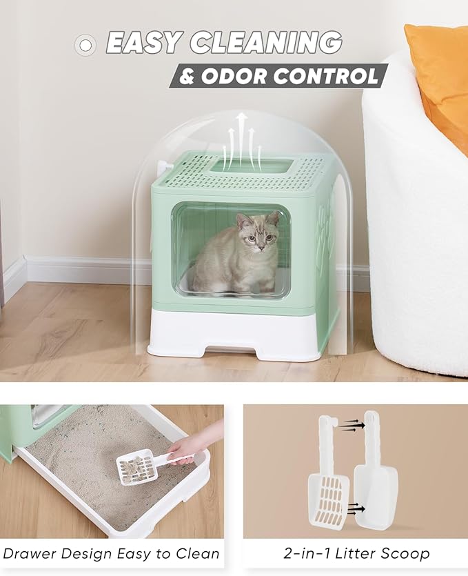 Enclosed Cat Litter Box, Large Litter Box for Big Cats, Covered Kitty Litter Boxes with Lid, Top Entry Cat Box Enclosure with Scoop, Odor Control, Easy to Clean(Green)-PurrikoPets