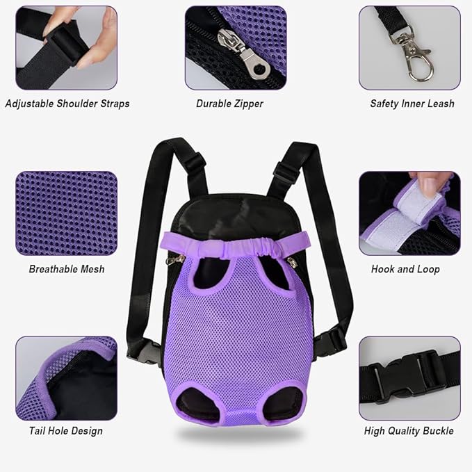 FEimaX Dog Carrier Backpack Pet Legs Out Front Cat Travel Bag, Adjustable Puppy Backpacks Carriers Hands-Free for Small Medium Dogs Cats Hiking Traveling Camping Daily Walking (Small, Purple)-PurrikoPets