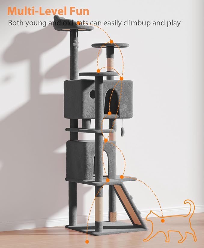 77'' Cat Tree Tower for Indoor Cats Large Adult, Cute/Tall Modern Cat Tree for Big Cats 20 lbs, Plush Multi-Level Cat Condo with Scratching Posts, Dangling Ball (Smoky Gray, 77 inch)-PurrikoPets
