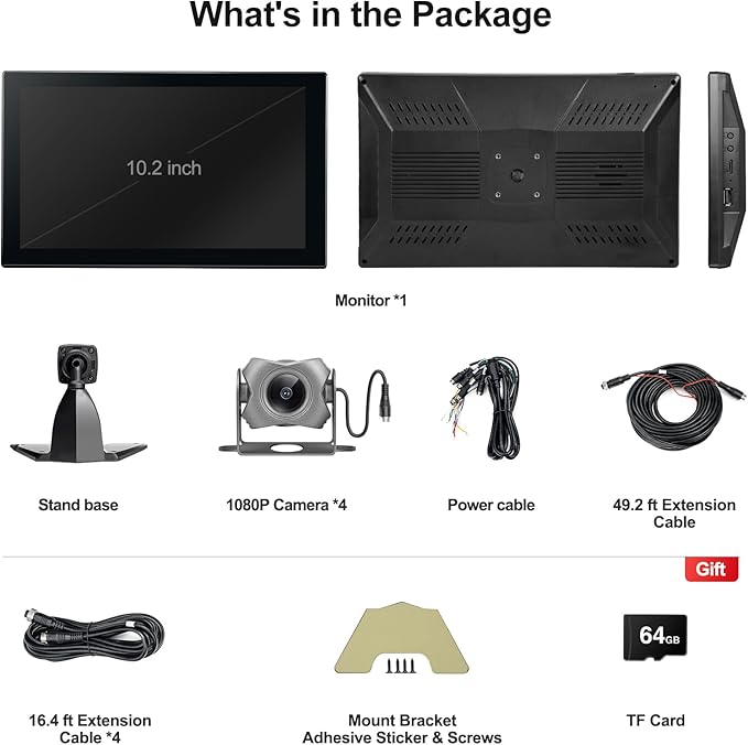 4-Channel 1080P Backup Camera for Truck/RV/Semi Trailer/Van/Cars 10.2inch Touch Monitor with DVR Recording/Playback/Bluetooth/FM Radio/Music/Video Player-PurrikoPets