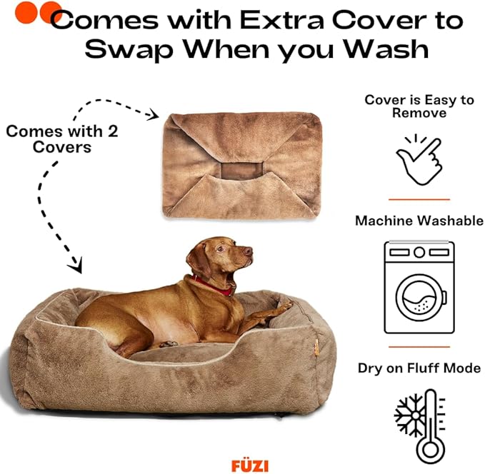 FUZI Luxury Aesthetic Dog Bed with Extra Cover for Large Dogs, Washable Pet Couch, Pet Bed with Sides, Non-Slip Bottom, Soft & Durable Calming Dog Bed, Faux Rabbit Fur, Large 35.6x28.5x9.5 Light Brown-PurrikoPets