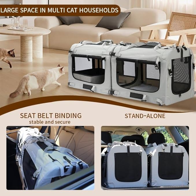 Extra Large Cat Carrier Soft Sided, Portable Small Dog Carrier for 2 Cats, 24"x16.5"x16" Car Travel Folding Comfortable Design with Litter Box and Bowls, Grey-2+ Litter Box+ Bowl*2-PurrikoPets