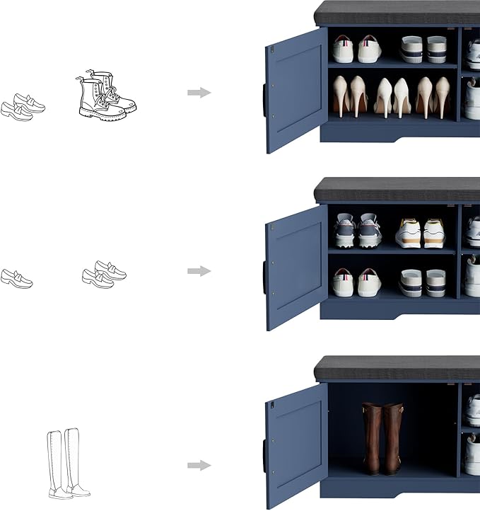 2-Tier Storage Bench, Shoe Bench with Padded Seat Cushion, Entryway Bench with 2 Barn Doors, Adjustable Shelf, 13.8" D x 39.4" W x 17.7" H, for Entryway, Living Room, Bedroom, Blue-PurrikoPets