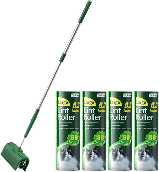 Fedicelly Large Lint Rollers Pet Hair Extra Sticky Floor, Cat Dog Hair Remover Laundry Clothes Carpet Furniture,6.3 inches Wider with 320 Sheets Giant Lint Remover Brush for Couch with Long Handle-PurrikoPets