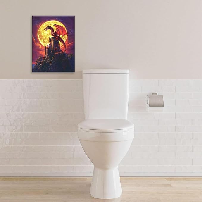 Dragon Bathroom Pictures Wall Art, Red Dragon Castle Bathroom Wall Decor, Framed Painting Canvas Artwork for Bedroom Living Room Decorations 16"L x 12"W-PurrikoPets