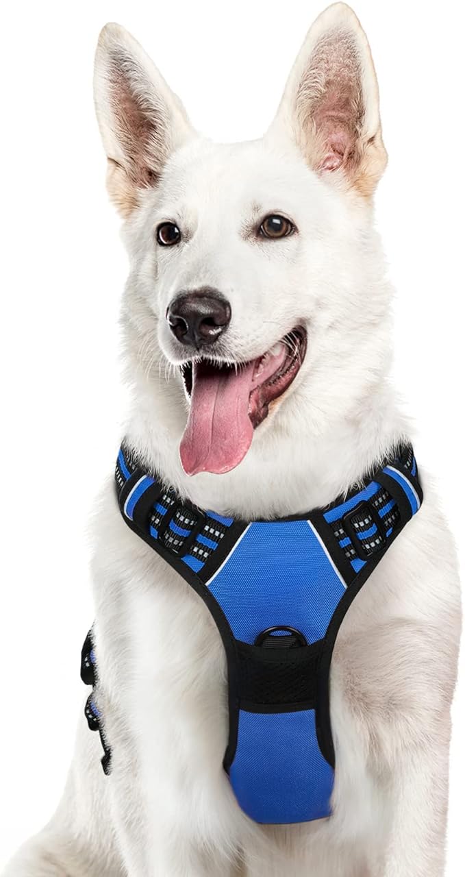 Eagloo Dog Harness for Large Dogs, No Pull Service Vest with Reflective Strips and Control Handle, Adjustable and Comfortable for Walking, No Choke Pet Harness with 2 Metal Rings, Blue, XL-PurrikoPets