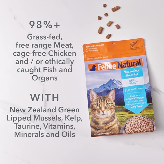 Feline Natural High Protein Dry Cat Food, Freeze-Dried Diet with 98% Meat, Organs & Seafood, No Peas, Grains, or Artificial Additives, Made in New Zealand, Chicken & Lamb, 11oz-PurrikoPets