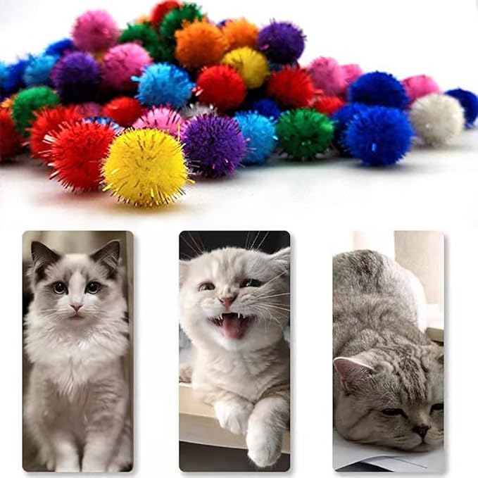 30Pcs 1.2inch/3cm Sparkle Balls for Cats - Interactive Toy Pom Pom Fuzzy Tinsel Cat Balls for Indoor Play (Mixed Colour)-PurrikoPets