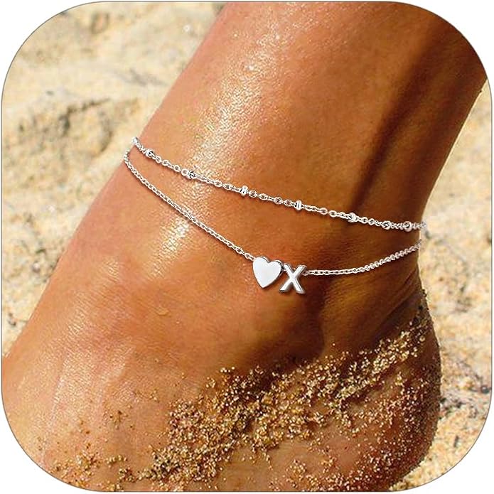 Suplight Stainless Steel Initial Ankle Bracelets for Women Layered Dainty Heart Anklet Beaded Anklets for Women Waterproof Plus Size Ankle Foot Chain Summer Essentials Jewelry(with Gift Box)
