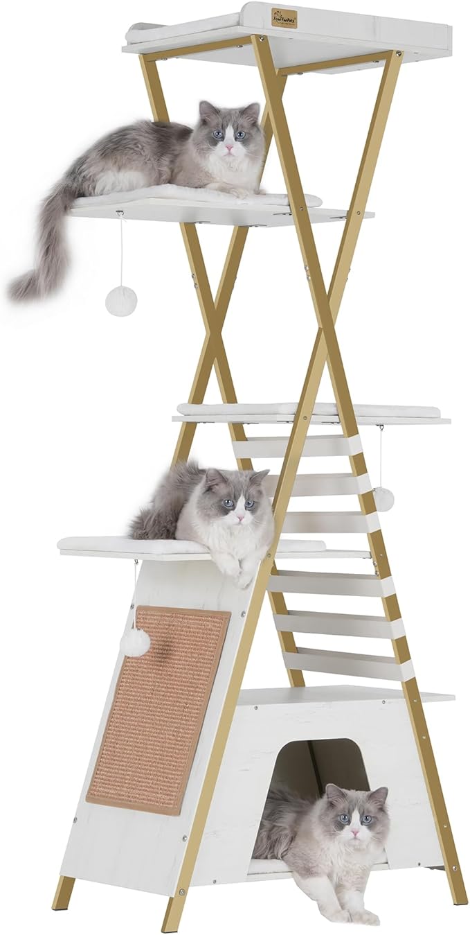 FourFurPets 72.4" Cat Tree, Modern Cat Tower for Indoor Cats, Multi-Level Cat Condo with Caves, Tall Cat Tree with Cat Scratching Board, Wooden Cat Tower with Large Perch, Removable Pads, White-PurrikoPets