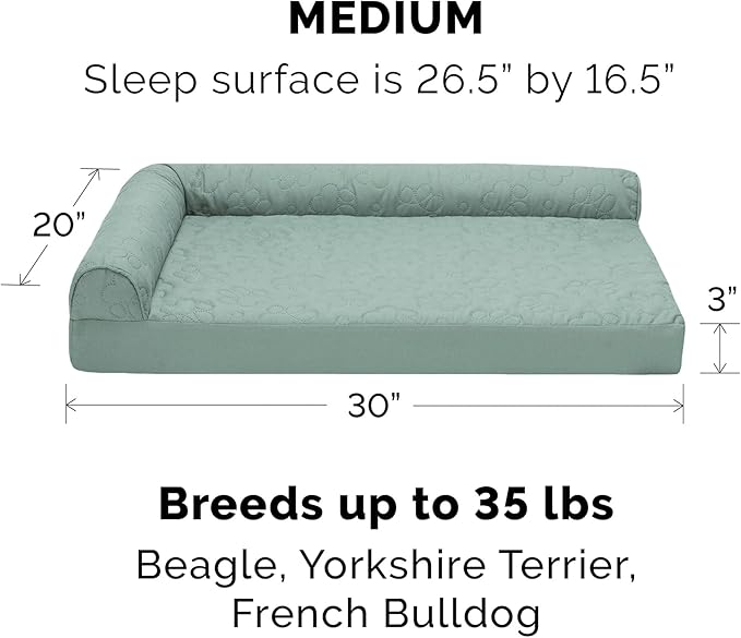 Furhaven Cooling Gel Dog Bed for Medium/Small Dogs w/ Removable Bolsters & Washable Cover, For Dogs Up to 35 lbs - Pinsonic Quilted Paw L Shaped Chaise - Iceberg Green, Medium-PurrikoPets