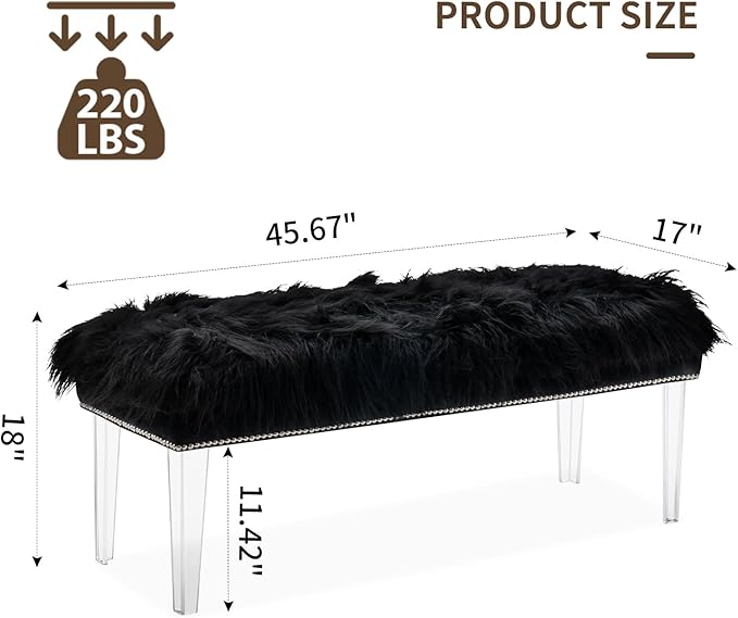 46 Inch Black Bedroom Bench, Benches for Bedroom White Faux Fur Upholstered Bed end Bench, Tufting Bench Indoor Bench with Acrylic Legs for Living Room Bedroom Dining Room Entryway, Black-PurrikoPets