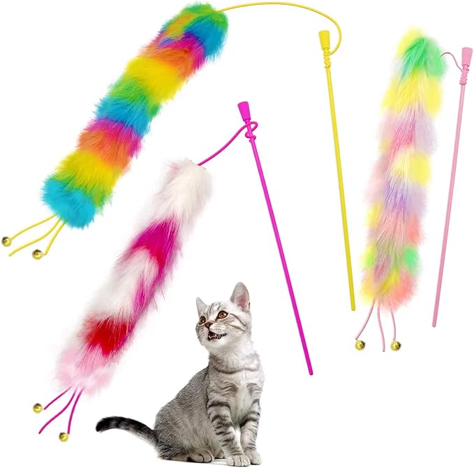 3 Pack Cat Wand Toy, Rainbow Cat Feather Toys with Bells, Teaser Wand with Soft Furry Tail, Interactive Toys for Indoor Cats & Kitten & Kitty-PurrikoPets