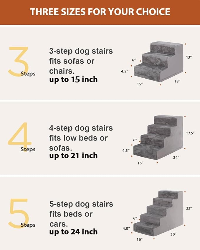 Dog Stairs for Small Dogs,13" 3-Step Pet Stairs for Couches，Dog Steps with Non-Slip Bottom and Removable Cover Indoor Outdoor,Grey-PurrikoPets