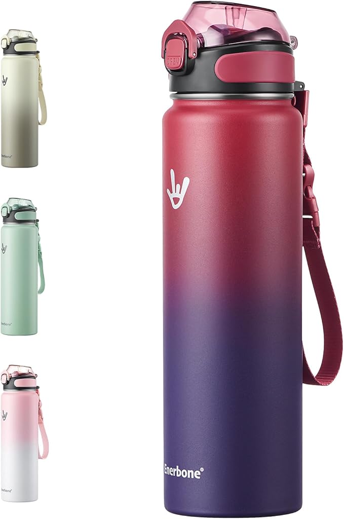 Enerbone 32 oz Insulated Water Bottle, Stainless Steel Bottle with Carrying Strap, Double-Wall Vacuum Insulation Design, Leakproof Sports Bottle with Straw, Keep Drinks Cold or Hot for Hours-PurrikoPets