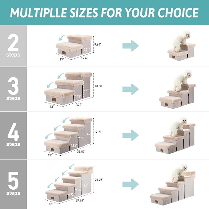 Dog Stair for Small Dogs with Storage, 21" H Foldable Pet Step with Soft Cover, Older Cat Ramp for High Bed or Car, Lightweight, Comfort, 39.7x13x21.2 inch, 5 Tiers, Beige-PurrikoPets