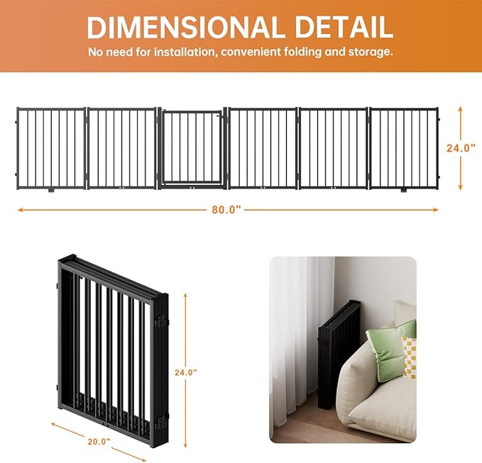 Full Metal Freestanding Dog Gate with Door, 24'' Height Foldable Pet Dog Fence for Indoor & Outdoor, 6 Panels Extra Wide Free Standing SmallDog Gates for Doorways,House,Stairs,Porch,Deck,Yard-PurrikoPets