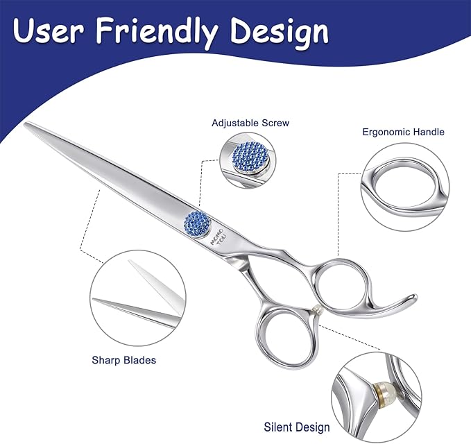 7'' Dog Grooming Scissors CNC 440C Blades Sharp and Durable Polished Straight Dog Shears with Blue Diamond Adustable Screws Easy to Use for Groomer and Home User-PurrikoPets