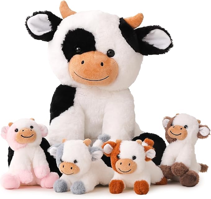 5 Pieces Cow Stuffed Animals for Boys Girls, 1 Mommy Cow with 4 Babies Soft Plush Toy Set Gifts for Kids Children 3 4 5 6 7 8 9 Years, Christmas, Birthday, Party Decorations-PurrikoPets
