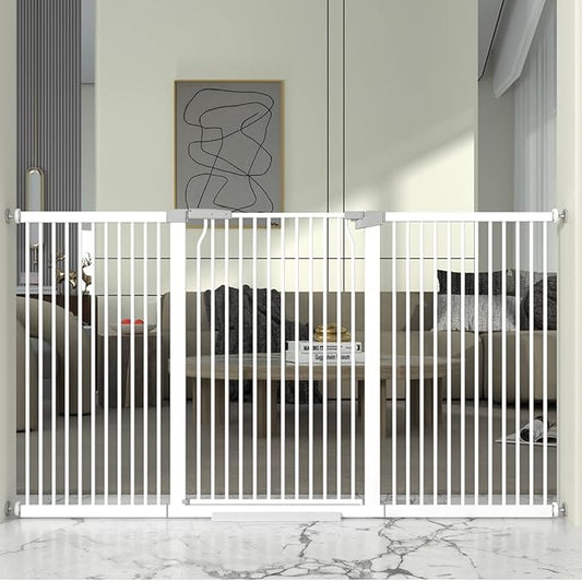 41" Extra Tall and Wide Baby Gate, 72.3-74" Wide Pet Cat Gate for Doorway, Extra Wide Pressure Mounted Child Door with Expansion Kit, Metal Safe Gate, Tall Dog Gate, White-PurrikoPets