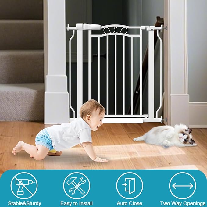 Extra Wide Baby Gate for Doorways 53.1"-62.6", Pressure Mounted Dog Gates With Door, Child Safety Barrier Walk Thru Indoor, Large Babygate Long for Kids Toddler Pet Outside, 30 In Tall White-PurrikoPets