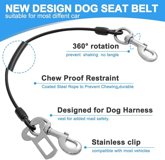 Dog Seat Belt Harness for Car,Dog Seatbelt of Coated Wire Leash Safety Restraint, No Chew Tether Cable Vehicle Dog Accessories, Double Clips & Latch Attachment (Black, 16 Inch/40 Cm)-PurrikoPets