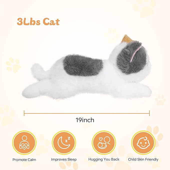 19 inch 3 lbs Cat Weighted Stuffed Animals, Realistic Weighted Cat Stuffed Animal, Sensory Comfort Plush Throw Pillow, Soft Kawaii Kitty Plush Toy Gift for Adults Kids Youth-PurrikoPets