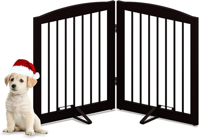 Freestanding Pet Gate for Dogs, Foldable Wooden Dog Gate for House, Indoor Pet Barrier for Stairs, Doorways, Support Feet Included, 24" Height 2 Panels, Brown-PurrikoPets