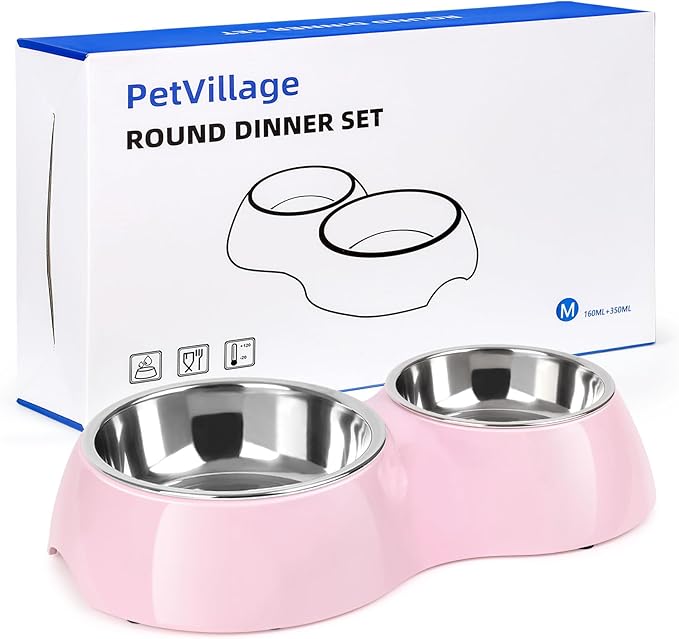Double Dog Bowls Set – Non-Slip Pet Food & Water Dishes with Resin Stand, Includes Small (1 Cup) & Medium (2 Cups) Bowls – Ideal for Puppies, Cats, and Medium Dogs – Pink-PurrikoPets