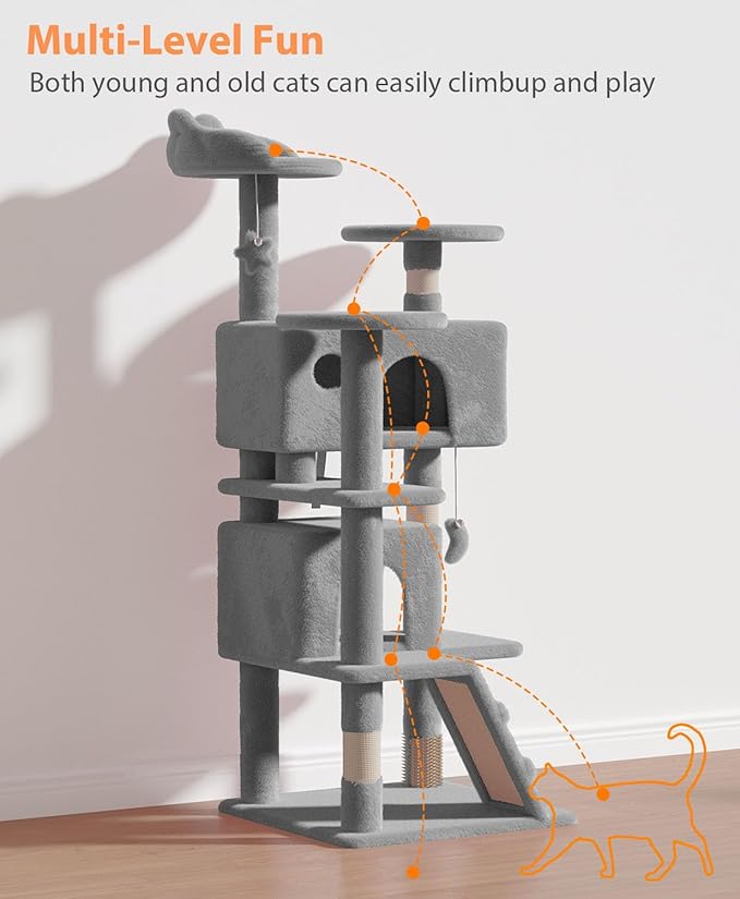 54" Cat Tree Tower for Indoor Cats Large Adult,Cute/Tall Modern Cat Tree for Big Cats 20 lbs, Plush Multi-Level Cat Condo with Scratching Posts, Dangling Ball for Fun (Light Gray, 54 inch)-PurrikoPets