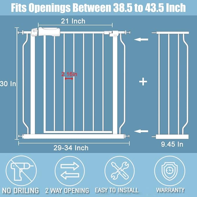Extra Wide Baby Gate 38.5-43.5 Inch Walk Through Pressure Mounted No Drill Safety Child Gate with Door Tension Metal Gate for Stairs Doorway Puppy Dog Cat-PurrikoPets