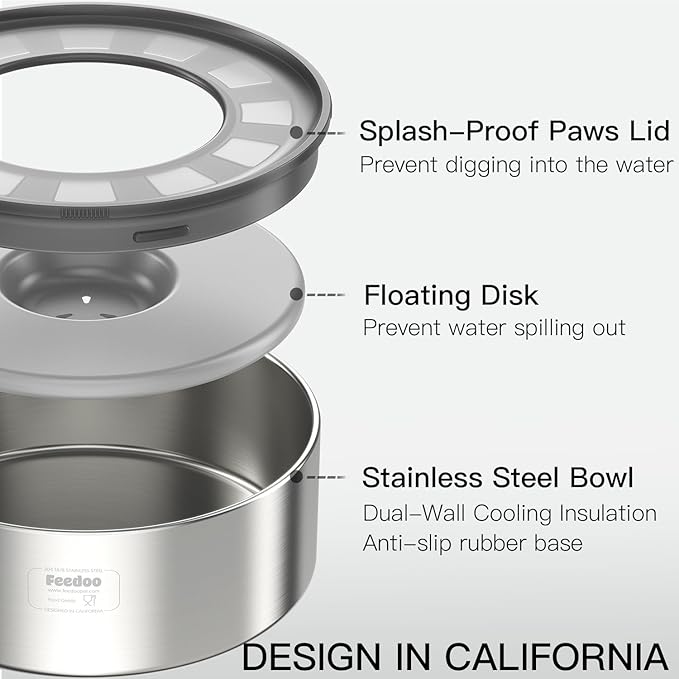 2L No Spill Water Bowl for Dogs, Double-Wall Stainless Steel with Splash-Proof Paws Lid and Floating Disk, Non-Slip Base, Easy to Clean Slow Water Feeder for Small Medium Dogs-PurrikoPets