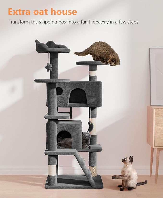 54" Cat Tree Tower for Indoor Cats Large Adult,Cute/Tall Modern Cat Tree for Big Cats 20 lbs, Plush Multi-Level Cat Condo with Scratching Posts,Hammock, Dangling Ball (Smoky Gray, 54 inch)-PurrikoPets