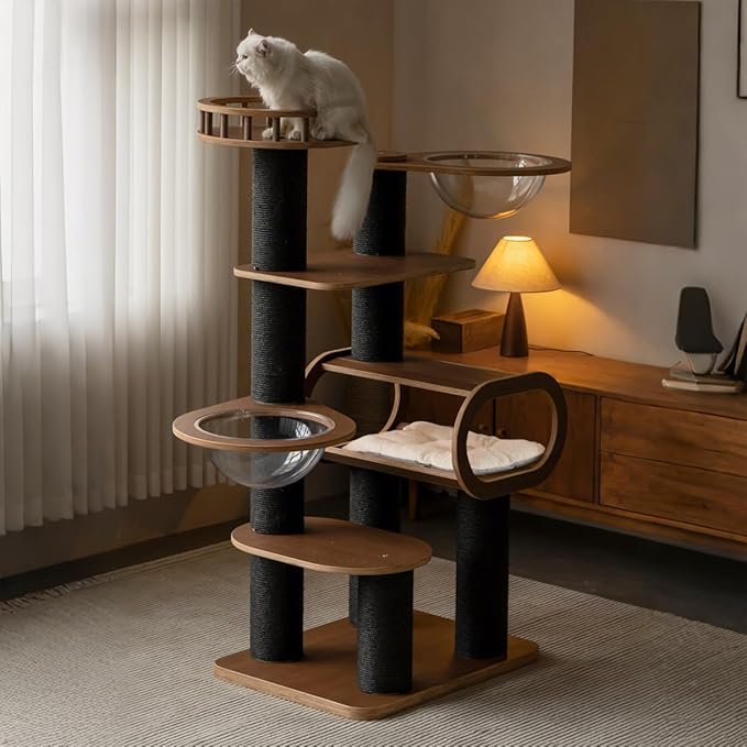 63'' Modern Cat Tree, Black Cat Tower with Scratching Post, Wooden Cat Tree for Indoor Cats Large Adult, Luxury Cat Furniture, Heavy Duty Activity Center with Transparent Bowl and Semi-Closed Condo-PurrikoPets
