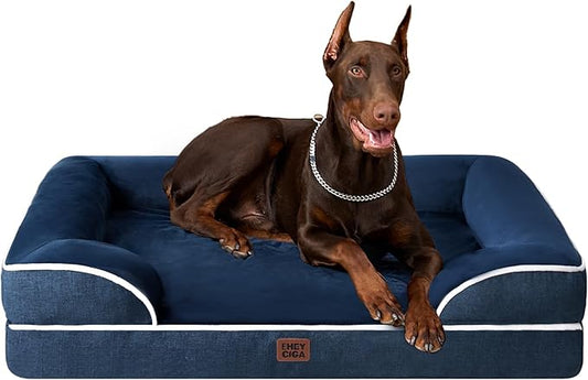 EHEYCIGA Orthopedic XL Dog Beds, Waterproof Memory Foam Dog Bed for Extra Large Dogs, Non-Slip Bottom and Egg-Crate Foam Big Pet Couch Bed with Washable Removable Cover, Navy-PurrikoPets