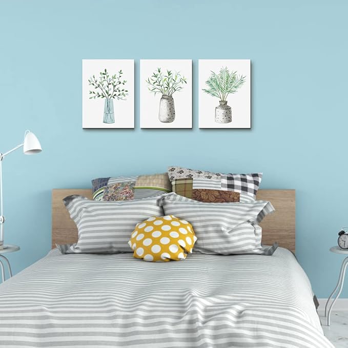 AHUASJART Canvas Wall Art - Paintings for Kitchen, Dining Room, Family Wall Decor - Green Leaf Vase, 3 Piece-PurrikoPets