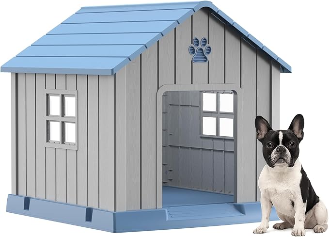 DRATO Dog House Indoor Outdoor for Small to Large Sized Dogs Indoor Outdoor Doghouse Puppy Shelter with Elevated Floor, Easy to Assemble (Blue, 31Inch(31.18 * 33.7 * 32.52))-PurrikoPets
