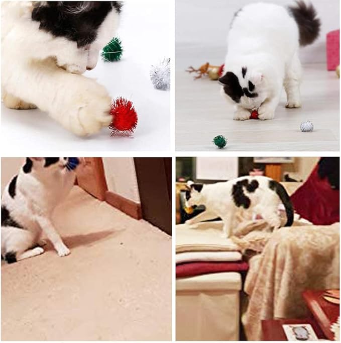 30Pcs 1.2inch/3cm Sparkle Balls for Cats - Interactive Toy Pom Pom Fuzzy Tinsel Cat Balls for Indoor Play (Mixed Colour)-PurrikoPets