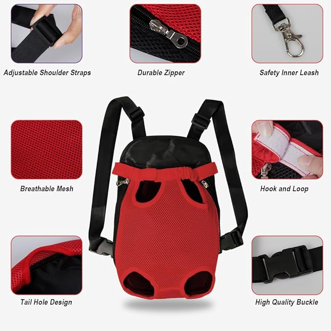 FEimaX Dog Carrier Backpack Pet Legs Out Front Cat Travel Bag, Adjustable Puppy Backpacks Carriers Hands-Free for Small Medium Dogs Cats Hiking Traveling Camping Daily Walking (Medium, Red)-PurrikoPets