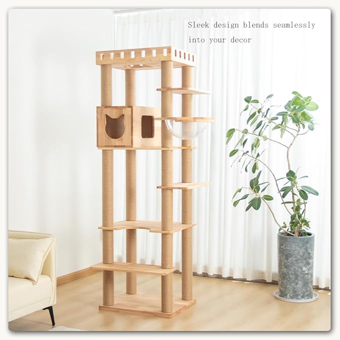 74.8" Wooden Cat Tree Tower for Large Cats, Multi-Level Cat Climbing Furniture with Scratching Posts, Cat Condo & Hammock, Natural Wood Cat Activity Center (Brown)-PurrikoPets