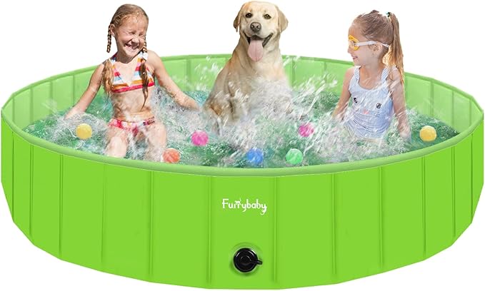 Furrybaby Dog Pool, Foldable Dog Pools for Large Dogs Portable Kiddie Pool Pet Doggie Wading Swimming (Green 63'') Indoor and Outdoor-PurrikoPets