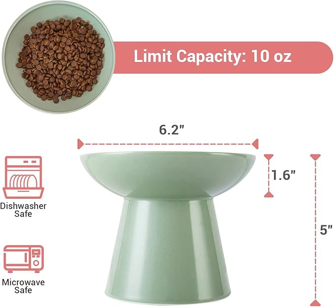 Extra Wide Elevated Ceramic Cat Food Bowl - 6.2" Shallow Dish for Whisker Fatigue Relief, 5" Height for Easy Feeding, Lead & Cadmium Free, Durable Raised Cat Food Bowls, Sage Green-PurrikoPets