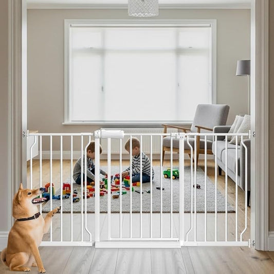 57.5"-62" Extra Wide Auto Closing Baby Safety Gate for Stairs & Doorways, Pressure Mounted No Drill Pet Gate with Walk-Through Door - Heavy Duty Childproof Gate for Toddlers, Kids, Dogs (White)-PurrikoPets