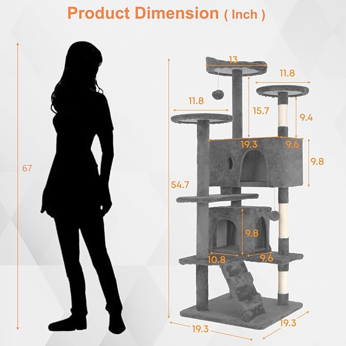 54.7 Inches Cat Tower for Indoor Cats, Multi-Level Cat Condos with Scratching Posts, Hanging Toys, Light Gray-PurrikoPets