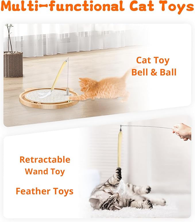 3-in-1 Cat Toys, Scratcher, Toys for Indoor Cats, Natural Sisal Scratching Board, Kitten Interactive with Ball Track & Retractable Wand Toy & Feather-PurrikoPets