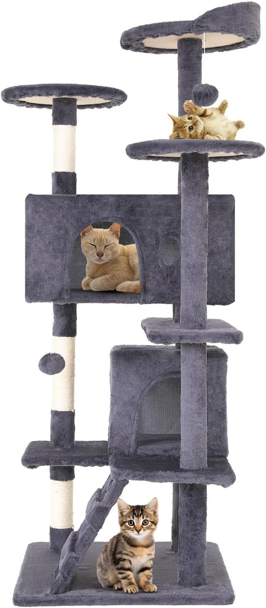 54.7 inches Cat Tower for Indoor Cats Multi-Level Cat Condos for Cat Tree Cat Climbing Tower with Scratching Posts, Hanging Toys,Ashy-PurrikoPets