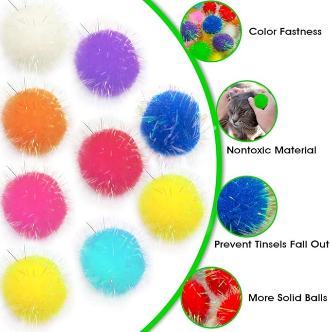 20 Pieces 2 inches Sparkle Pom Pom Balls for Cat - Interactive Glitter Balls, Multicolor, Best as Kitten Play Toys-PurrikoPets