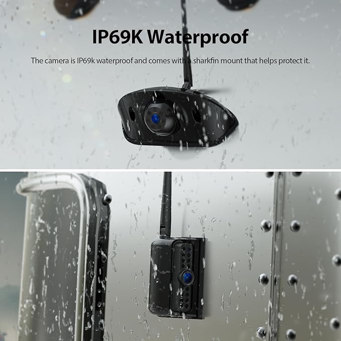 4 Cameras Wireless RV Backup System with 7-Inch Monitor, 2 Rear Sharkfin 2 Side Cameras, IR Night Vision, IP69k Waterproof Recording, Compatible with Furrion Pre-Wired RV Truck Trailer BW4-PurrikoPets
